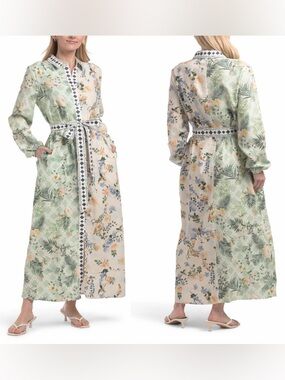 Magaschoni Button Front Collared Maxi Shirt Dress Tropical Floral Long Sleeve ML